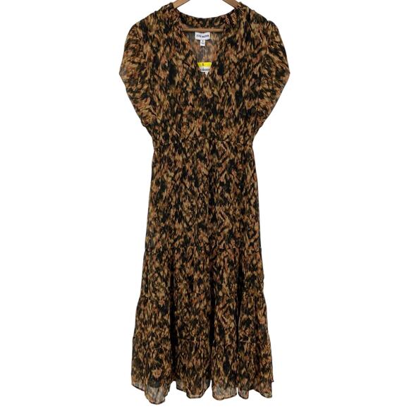 STEVE MADDEN NWT Tiered Printed V Neck Midi Dress Brown Size Small Lined - Picture 2 of 7